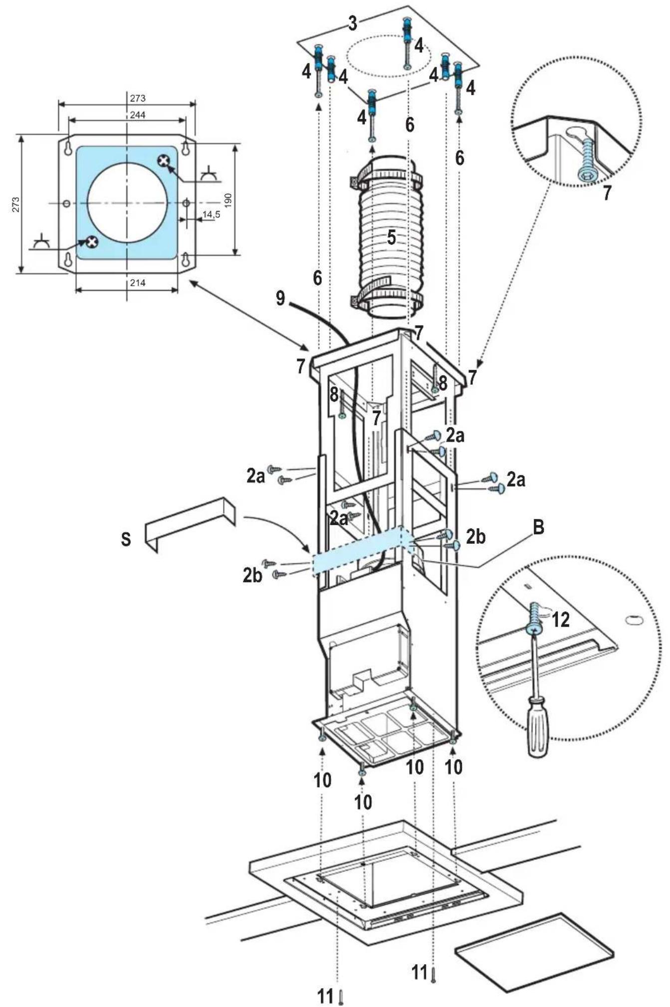 Technical diagram of a mechanical assembly with numbered components and dimensional annotations in millimeters