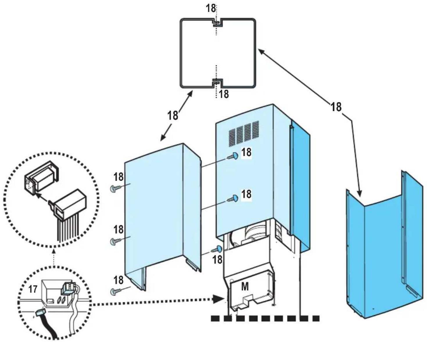 Technical diagram of an electrical enclosure with labeled components and wiring connections, including 17 and 18 pins and a motor.