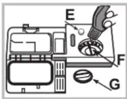 Diagram of a device with labeled parts E, F, and G, showing internal components and directional arrows.