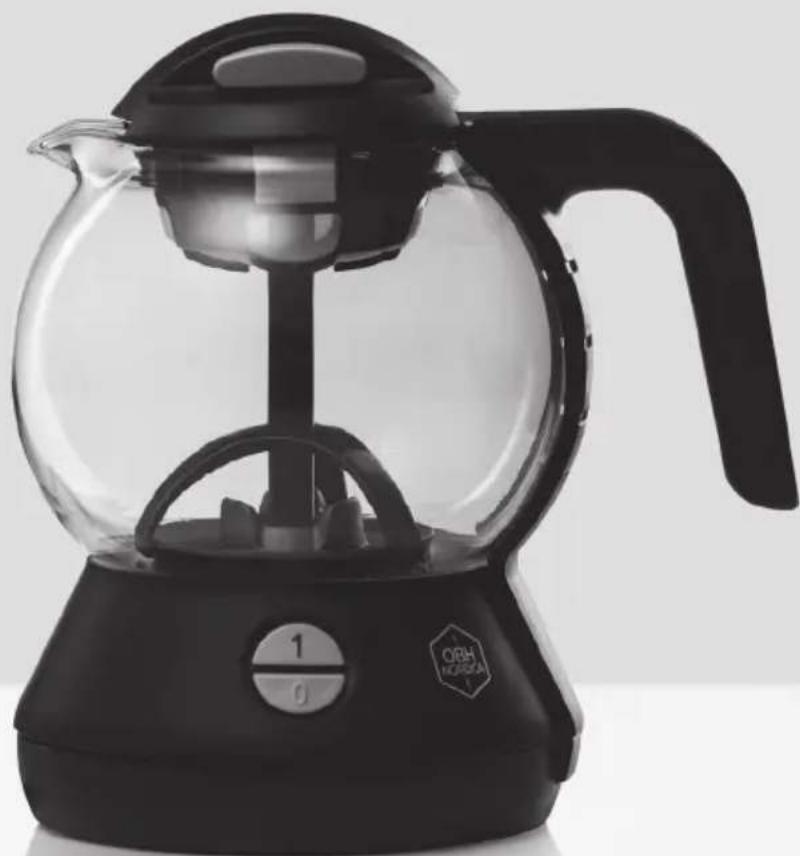 Black glass water heater with a handle and control panel, no visible text or symbols on the device itself.