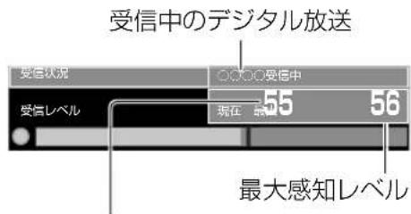 受信中のデジタル放送 受信状況 ○○○○受信中 受信レベル 現在 55 56 最大感知レベル