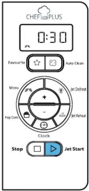 CHEF PLUS 0:30 Favourite Auto Clean Micro Jet Defrost Pop Corn Jet Reheat Clock Stop Jet Start