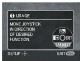 USAGE MOVE JOYSTICK IN DIRECTION OF DESIRED FUNCTION EXIT 1/4 NEXT SETUP EXIT MENU