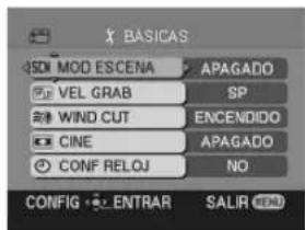 BÁSICAS SDI MOD ESCENA APAGADO VEL GRAB SP WIND CUT ENCENDIDO CINE APAGADO CONF RELOJ NO CONFIG ENTRAR SALIR