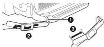 Technical diagram showing three labeled parts of a car seatbelt buckle, with numbered annotations indicating different seat configurations.