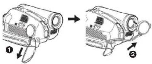 Diagram showing two views of a device with labeled parts, showing transformation from top view to side view.