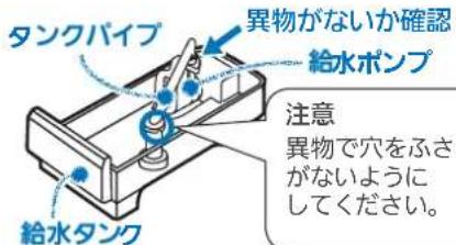 タンクパイプ 給水タンク 異物がないか確認 給水ポンプ 注意 異物で穴をふさがないようにしてください。
