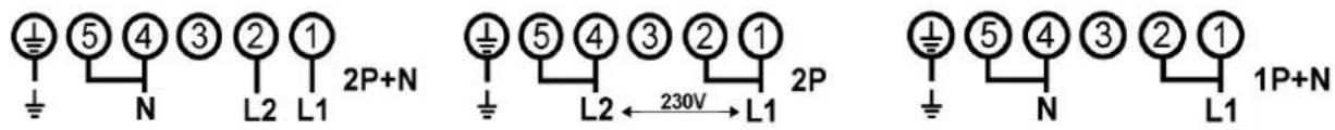 ① ⑤ ④ ③ ② ① ⊥ N L2 L1 2P+N ① ⑤ ④ ③ ② ① ⊥ L2 ←230V → L1 2P ① ⑤ ④ ③ ② ① ⊥ N L1 1P+N