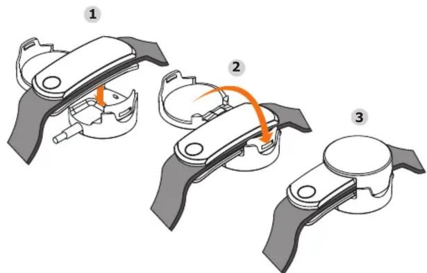 Diagram showing three steps of a mechanical clamp or bracket assembly with labeled components and directional arrows indicating motion.