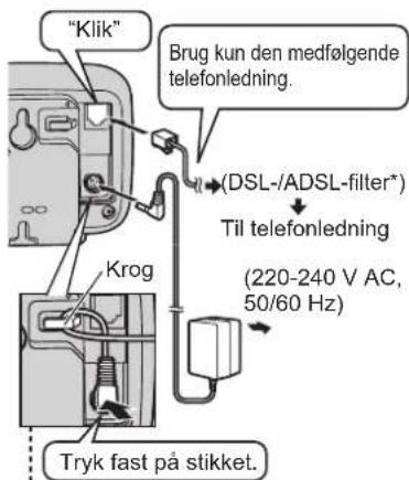 "Klik" Brug kun den medfølgende telefonledning. (DSL-/ADSL-filter*) Til telefonledning (220-240 V AC, 50/60 Hz) Krog Tryk fast på stikket.