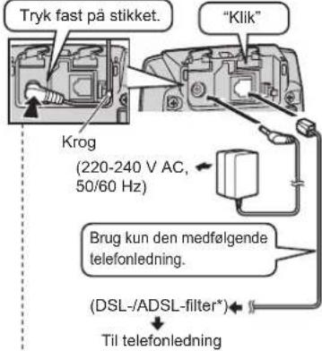 Tryk fast på stikket. "Klik" Krog (220-240 V AC, 50/60 Hz) Brug kun den medfølgende telefonledning. (DSL-/ADSL-filter*) Til telefonledning