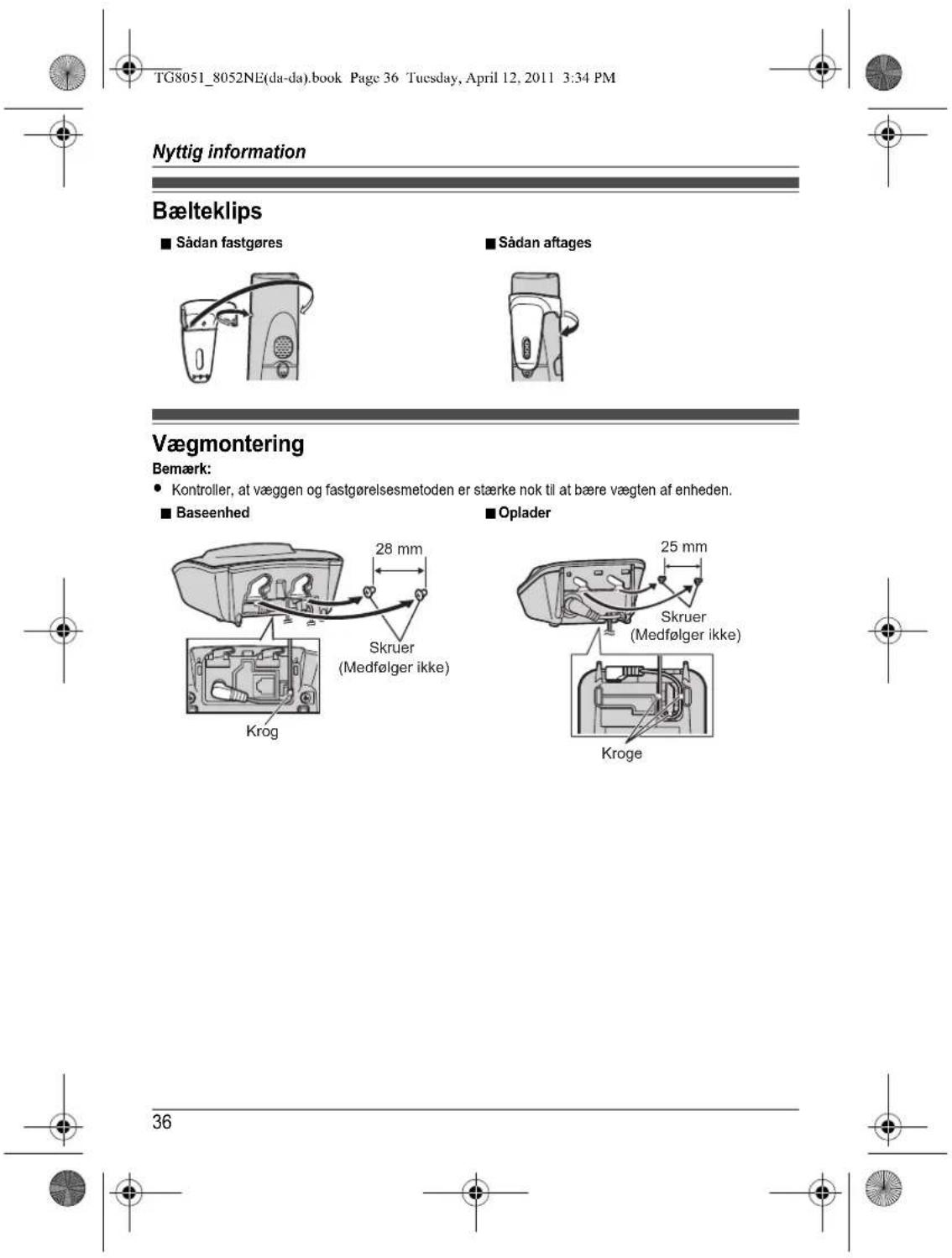 TG8051_8052NE(da-da).book Page 36 Tuesday, April 12, 2011 3:34 PM Nyttig information Bælteklips ■ Sådan fastgøres ■ Sådan aftages Vægmontering Bemærk: ● Kontroller, at væggen og fastgørelsesmetoden er stærke nok til at bære vægten af enheden. ■ Baseenhed ■ Oplader 28 mm Skruer (Medfølger ikke) Krog 25 mm Skruer (Medfølger ikke) Kroge 36