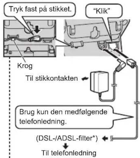 Tryk fast på stikket. "Klik" Krog Til stikkontakten Brug kun den medfølgende telefonledning. (DSL-/ADSL-filter*) Til telefonledning