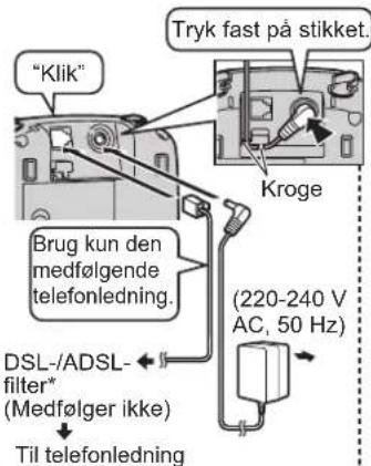"Klik" Tryk fast på stikket. Kroge Brug kun den medfølgende telefonledning. DSL-/ADSL-filter* (Medfølger ikke) Til telefonledning (220-240 V AC, 50 Hz)