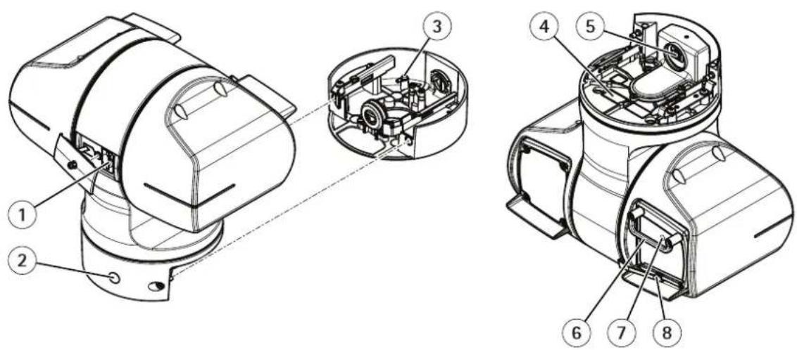 Technical diagram of an electric motor with labeled components and exploded view