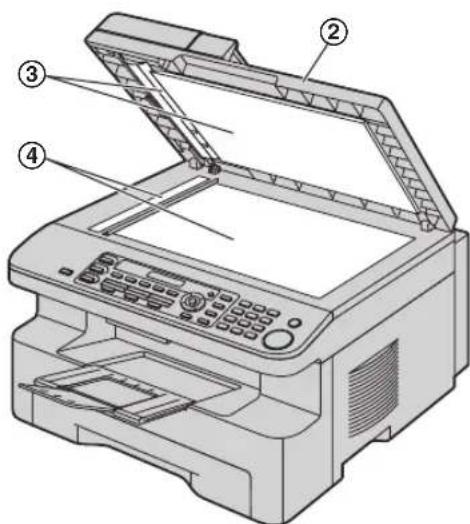 PANASONIC KX-MB771NE - Hold fast i dokumentdækslet (②), mens de hvide plader (③) og scannerglasset (④) rengøres. - 1
