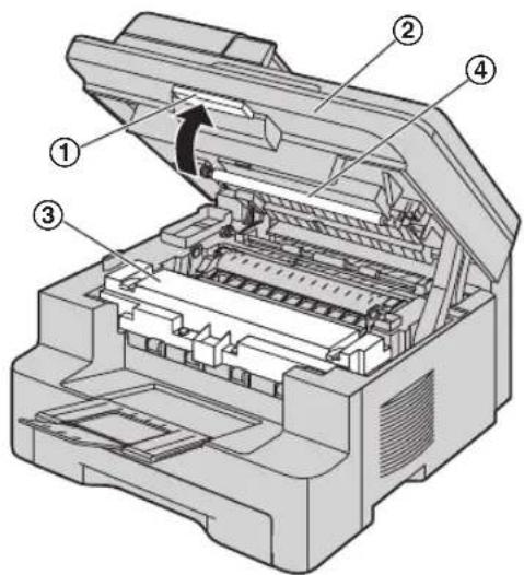 PANASONIC KX-MB771NE - Hold fast i dokumentdækslet (②), mens de hvide plader (③) og scannerglasset (④) rengøres. - 2