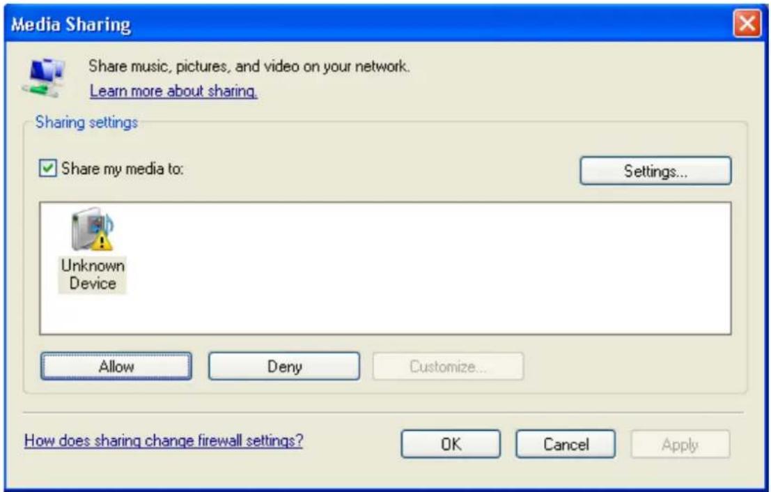 Media Sharing Share music, pictures, and video on your network. Learn more about sharing. Sharing settings ✓ Share my media to: Settings... Unknown Device Allow Deny Customize... How does sharing change firewall settings? OK Cancel Apply