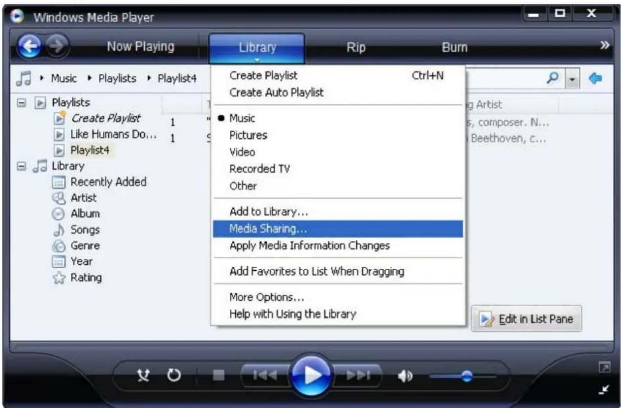 Windows Media Player Now Playing Library Rip Burn Music > Playlists > Playlist4 Create Playlist Ctrl+N Create Auto Playlist ● Music Pictures Video Recorded TV Other Add to Library... Media Sharing... Apply Media Information Changes Add Favorites to List When Dragging More Options... Help with Using the Library Edit in List Pane