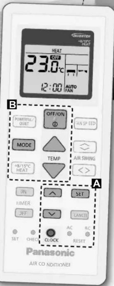 OVERTER +8/15°C HEAT 23.0°C 12:00 AUTO FAN B POWERFUL/ OUIET OFF/ON ① FAN SP EED MODE TEMP AIR SWING +8/15°C HEAT ON SET TIMER JFF CANCEL CLOCK AC RC SET CHECK RESET Panasonic AIR CO NDITIONER