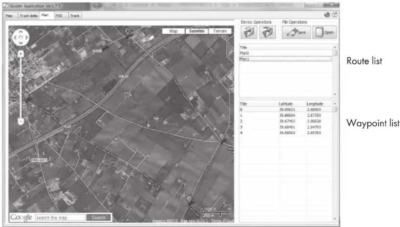 Guider Application Ver1.75 Map Track data Plan PDE Track Map Satellite Terrain Device Operations File Operations Save Open Title Plan0 Plan1 Route list Waypoint list Google search the map Search 39.69021 2.89965 39.68004 2.87250 39.67403 2.86838 39.68401 2.84795 39.68903 2.85765