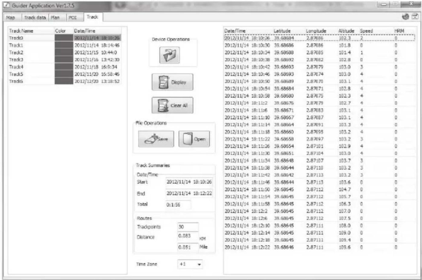 Guider Application Ver1.7.5 Map Track data Plan PCI Track Track Name Color Date/Time Track0 2012/11/14 18:10:25 Track1 2012/11/14 18:14:45 Track2 2012/11/15 10:44:0 Track3 2012/11/16 13:42:30 Track4 2012/11/18 16:9:34 Track5 2012/11/20 16:58:46 Tracks 2012/12/20 13:18:52 Device Operations Display Clear All File Operations Save Open Track Summaries Date/Time Latitude Longitude Altitude Speed HRM Start 2012/11/14 18:10:26 End 2012/11/14 18:12:22 Total 0:1:56 Routes Trackpoints 30 Distance KM 0.083 0.051 Mile Time Zone +1