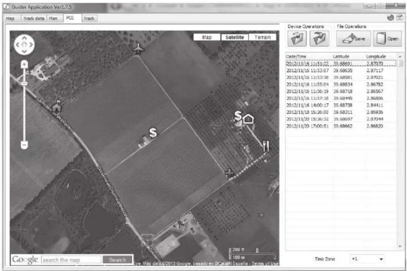 Guider Application Ver1.7.5 Map Track data Plan POI Track Map Satellite Terrain Device Operations File Operations Save Open Date/Time Latitude Longitude 2012/11/16 11:51:22 39.68691 2.87070 2012/11/16 11:53:07 39.68635 2.87117 2012/11/16 11:53:38 39.68581 2.87021 2012/11/16 11:55:04 39.68834 2.86782 2012/11/16 11:56:19 39.68718 2.86567 2012/11/16 11:57:18 39.68445 2.86806 2012/11/16 14:00:17 39.68738 2.84411 2012/11/18 16:26:00 39.68311 2.86936 2012/11/20 15:26:32 39.68697 2.87044 2012/11/20 17:00:51 39.68662 2.86820 Google search the map Search Time Zone +1