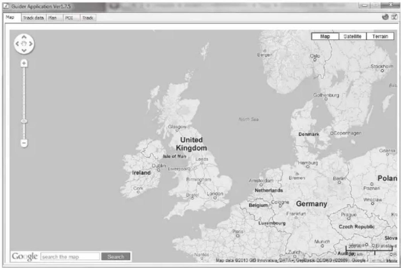 Guider Application Ver1.7.5 Map Track data Plan POI Track United Kingdom Isle of Man Leeds Birmingham Bristol London Ireland Dublin Liverpool Cork Nantes Glasgow Lisie of Man Leeds Amsterdam Belgium Luxembourg Germany Frankfurt Luxembourg Berlin Bremen Hamburg Denmark O'Capenagen Poznan Wroclaw Kri Slova Bratislava Aurit 400 km Google search the map Search Map Satellite Terrain