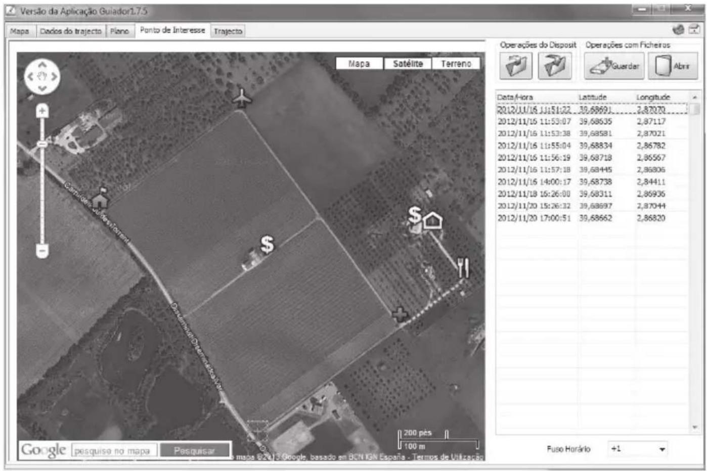 Versão da Aplicação Guiador1.7.5 Mapa Dados do trajecto Plano Ponto de Interesse Trajecto Mapa Satélite Terreno Operações do Disposit Operações com Ficheiros Guardar Abnr Data/Hora Latitude Longitude 2012/11/16 11:51:22 39,68691 2,87070 2012/11/16 11:53:07 39,68635 2,87117 2012/11/16 11:53:38 39,68581 2,87021 2012/11/16 11:55:04 39,68834 2,86782 2012/11/16 11:56:19 39,68718 2,86567 2012/11/16 11:57:18 39,68445 2,86806 2012/11/16 14:00:17 39,68738 2,84411 2012/11/18 16:26:00 39,68311 2,86936 2012/11/20 15:26:32 39,68697 2,87044 2012/11/20 17:00:51 39,68662 2,86820 Google pesquisa no mapa Pesquisar Fuso Horário +1