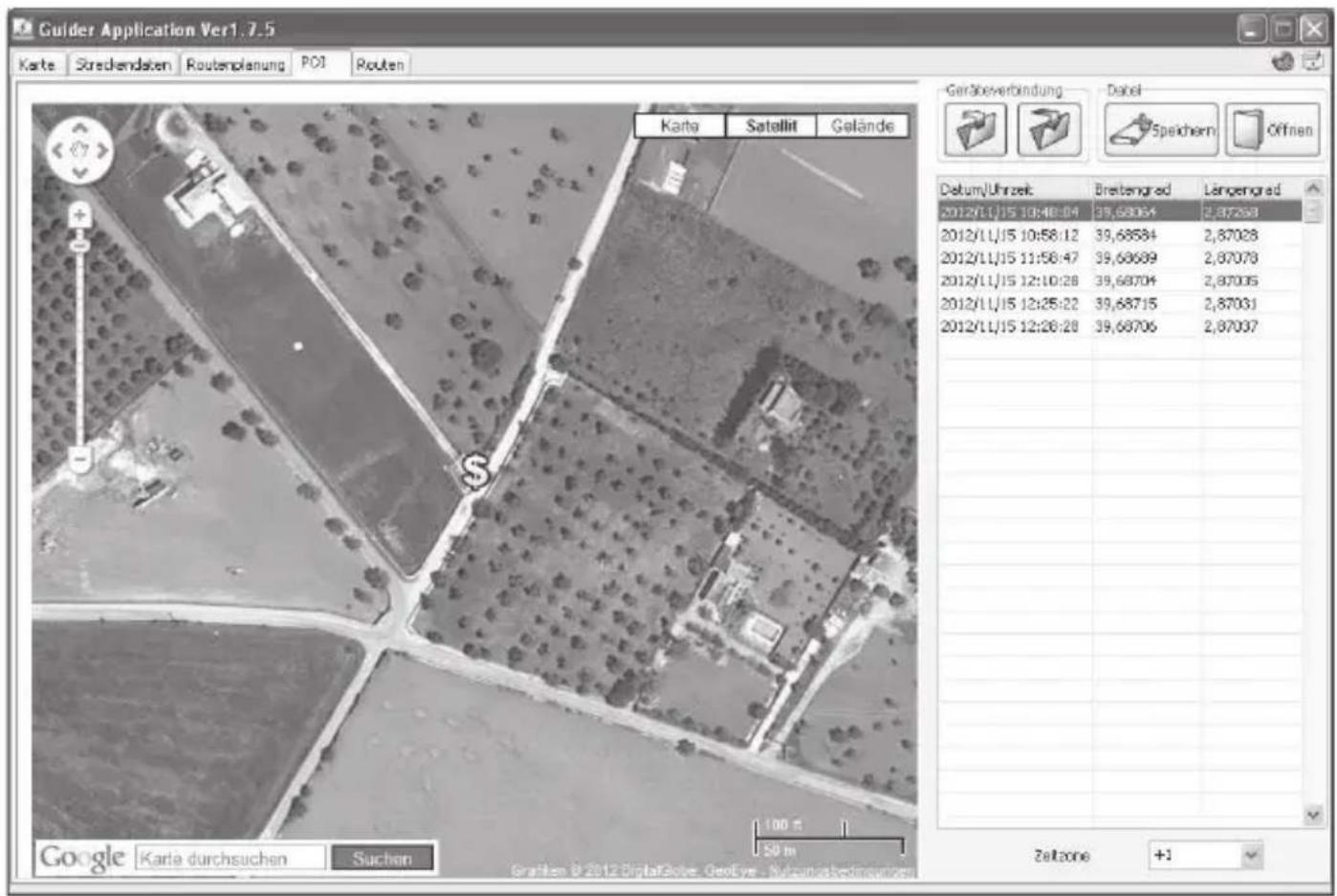 Gulder Application Ver1.7.5 Karte Streckendaten Routenplanung POS Routhen Karta Satellit Gelände Geräbeverbindung Dabel Speichern Öffnen Datum/Uhrzeit: Bretengred Längengred 2012/11/15 10:40:04 39,68064 2,87268 2012/11/15 10:58:12 39,68584 2,87028 2012/11/15 11:58:47 39,68689 2,87078 2012/11/15 12:10:28 39,68704 2,87035 2012/11/15 12:25:22 39,68715 2,87031 2012/11/15 12:28:28 39,68706 2,87037 Google Karta durchsuchen Suchan Zeltzone +1