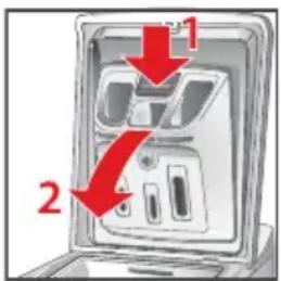 Diagram showing two labeled arrows pointing to a device panel with internal components, marked as 1 and 2.