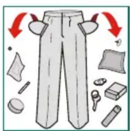 Illustration of a pair of pants with directional arrows indicating movement or selection, surrounded by other items like accessories and bags.