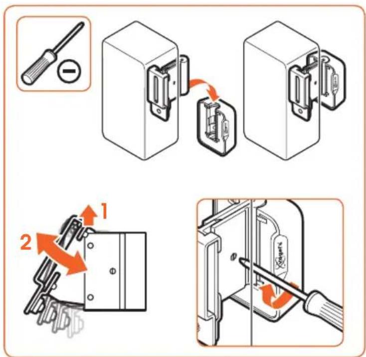 Technical diagram illustrating the step-by-step installation of a switch device, showing disassembly and reassembly steps.