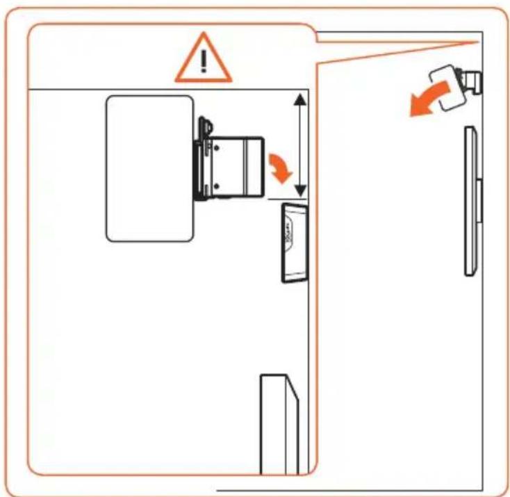 Diagram showing a device with warning sign and directional arrows indicating movement or change, including a warning triangle and arrow.