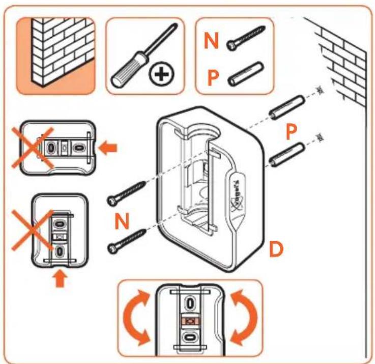 Diagram illustrating the installation of a wall-mounted electrical switch, showing tool placement and component assembly with labels N and P.