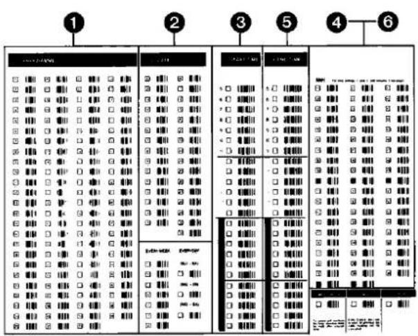 Cropped image showing six labeled panels (1–6) with checkboxes and a grid of colored boxes, likely representing a system or data interface.
