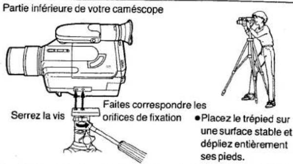 Partie inférieure de votre caméscope Serrez la vis Faites correspondre les orifices de fixation • Placez le trépied sur une surface stable et dépliez entièrement sies pieds.