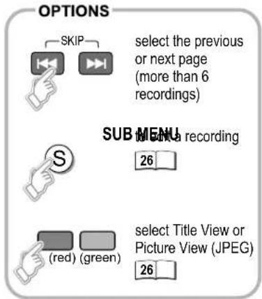OPTIONS SKIP select the previous or next page (more than 6 recordings) SUB MENU 26 red (green) select Title View or Picture View (JPEG) 26