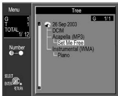 Menu G 1 T 1 TOTAL 1/ 12 Number 0 - SELECT B/TER RETURN Tree 26 Sep 2003 DCIM Acapella (MP3) Set Me Free Instrumental (WMA) Piano G 1/1
