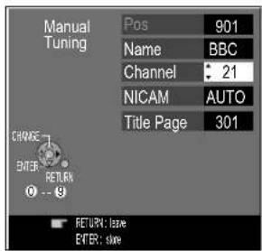 Manual Tuning Pos 901 Name BBC Channel : 21 NICAM AUTO Title Page 301 CHANGE ENTER: RETURN ● - ● RETURN: leave EVER: close