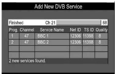 Add New DVB Service Finished Ch 21 68 Prog. ChannelService Name Net ID TS ID Quality 1 47 BBC 1 12306 11398 8 2 47 BBC 2 12306 11398 8 2 new services found.