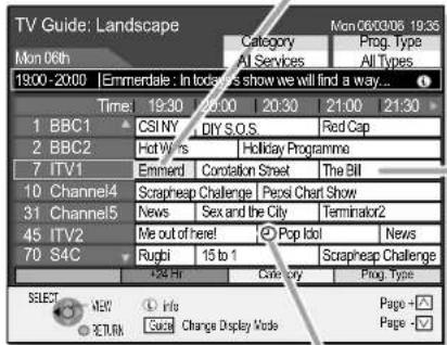 TV Guide: Landscape Mon 06th 19:00-20:00 | Emmerdale : In today's show we will find a way... Time: 19:30 20:00 20:30 21:00 21:30 1 BBC1 CSI NY DIY S.O.S Red Cap 2 BBC2 Hot W's Holiday Programme 7 ITV1 Emmerl Corstation Street The Bill 10 Channel4 Scrapheap Challenge Pepsi Chart Show 31 Channel5 News Sex and the City Terminator2 45 ITV2 Me out of here! Pop Idol News 70 S4C Rugbi 15 to 1 Scrapheap Challenge 124 Hr Category Prog. Type SELECT M&V Info Page -√ RETURN Select Change Display Mode Page -√