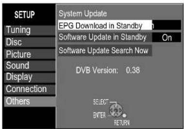 SETUP Tuning Disc Picture Sound Display Connection Others System Update EPG Download in Standby Software Update in Standby On Software Update Search Now DVB Version: 0.38 SELECT ENTER RETURN