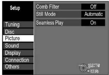 Setup Comb Filter Off Still Mode Automatic Seamless Play On Tuning Disc Picture Sound Display Connection Others SELECT#B RETJB
