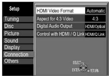 Setup Tuning Disc Picture Sound Display Connection Others HDMI Video Format Automatic Aspect for 4.3 Video 4:3 Digital Audio Output HDMI/Optical Control with HDMI / Q Link HDMI/Q Link SELECT ENTER RETURN