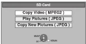 SD Card Copy Video (MPEG2) Play Pictures (JPEG) Copy New Pictures (JPEG)