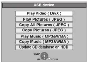 USB device Play Video ( DivX ) Play Pictures ( JPEG ) Copy All Pictures ( JPEG ) Copy Pictures ( JPEG ) Play Music ( MP3&WMA ) Copy Music ( MP3&WMA ) Update CD database on HDD