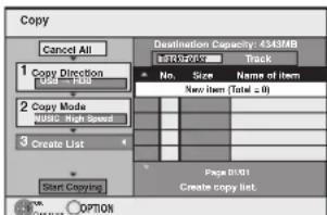 Copy Cancel All 1 Copy Direction Size = Full 2 Copy Mode NISC High Speed 3 Create List Start Copying Destination Capacity: 434MB 150%+45%+Track No. Size Name of item New item (Total = 0) Page B1/01 Create copy list. OPTION