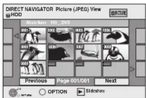 DIRECT NAVIGATOR Picture (JPEG) View HDD Movie Name: 103_DVD Previous Page 001/001 Next OPTION Slideshow