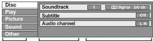 Disc Soundtrack 1 Digital 2/0 ch Play Subtitle Off Picture Audio channel L R Sound Other
